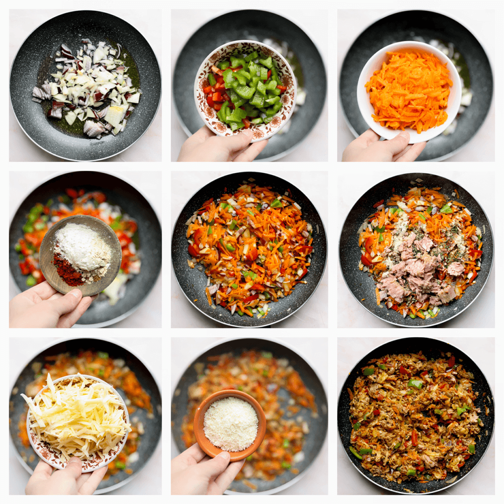 Verhit de olijfolie in een koekenpan op middelhoog vuur. Voeg de gele en rode ui toe, en bak 3 minuten. Voeg de rode paprika, groene paprika, wortel, het zout, knoflookpoeder, uienpoeder, paprikapoeder, de cayennepeper, Italiaanse kruiden, gedroogde peterselie en tonijn toe. Meng goed. Bak 45 minuten. Voeg de Parmezaanse kaas en geraspte kaas toe. Bak tot de kaas is gesmolten. Laat afkoelen.