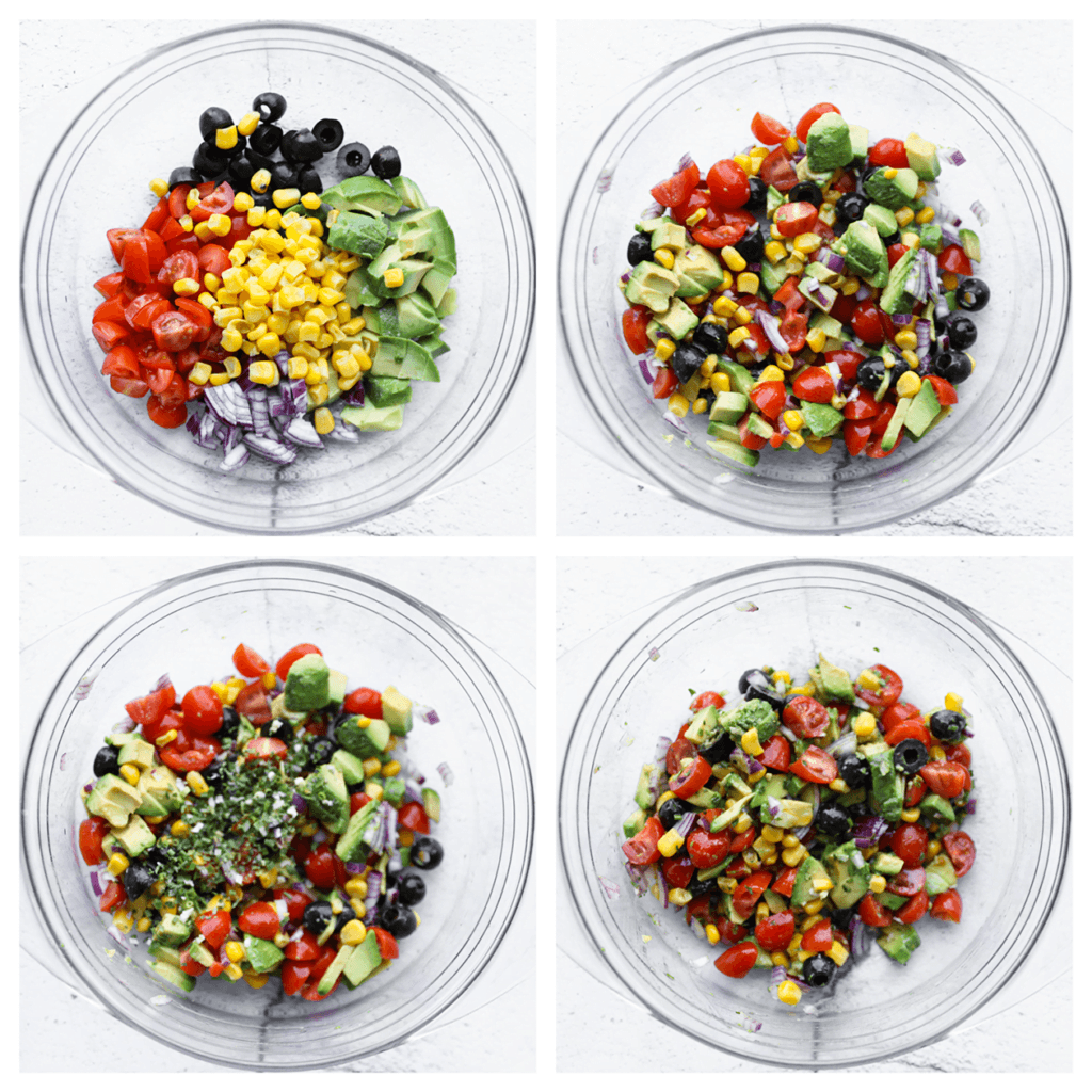 Snijd de avocado, snoeptomaatjes, rode ui en zwarte olijven in kleine stukken. Doe deze in een diepe kom. Voeg de maïs toe en meng goed. Voeg de salade kruiden, olijfolie en zout toe naar smaak. Meng tot een geheel.