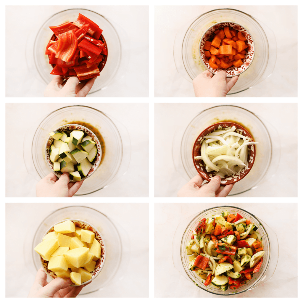 Voeg de aardappels, courgette, rode puntpaprika, gele ui, wortel en peterselie toe. Meng tot een geheel.