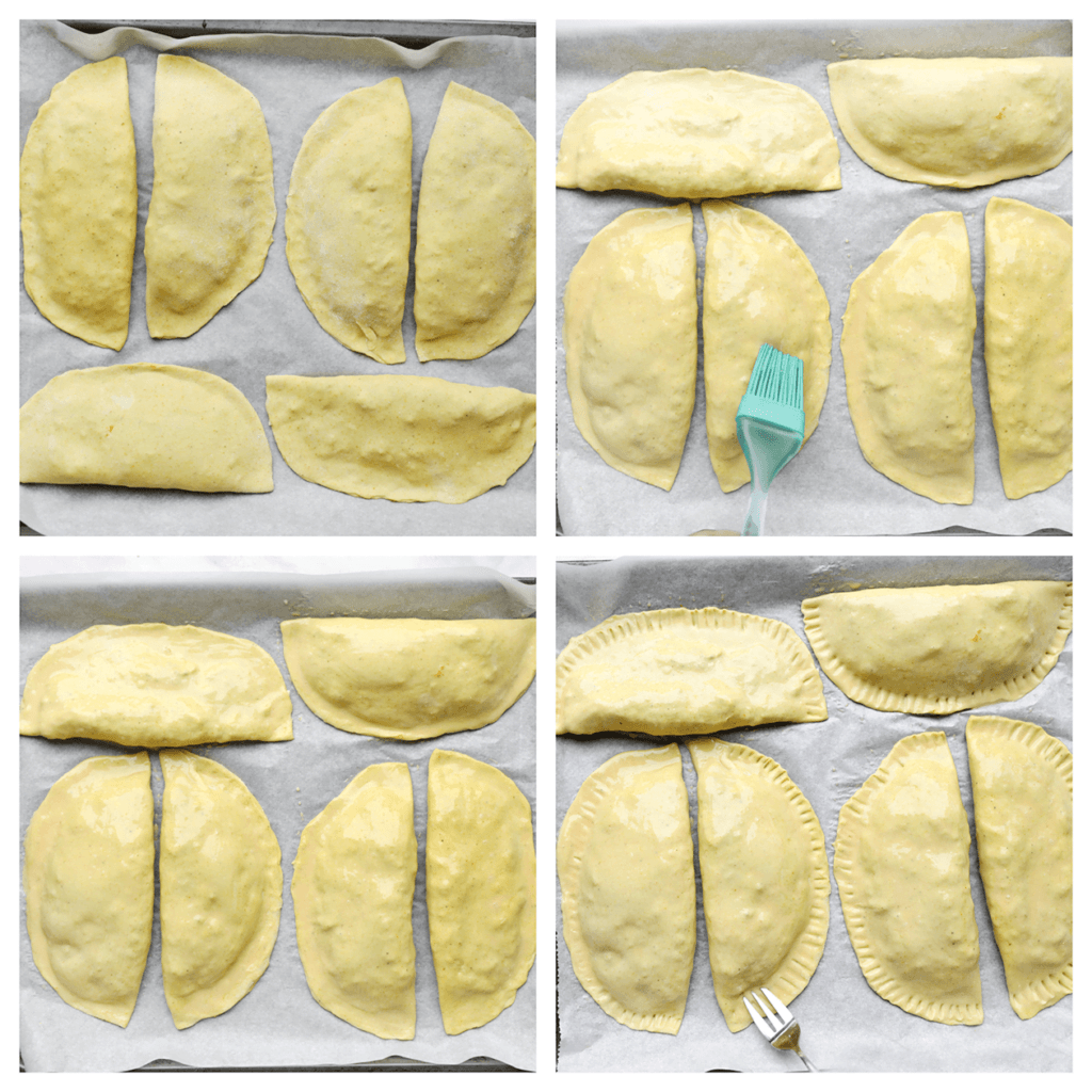 Leg de jamaican patties op bakplaat met bakpapier. Bestrijk deze met het ei. Druk de randen goed dicht met een vork.