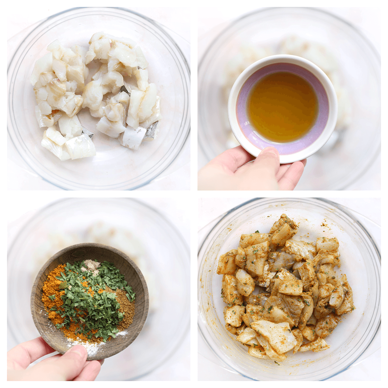 Kabeljauw mengen met verse kruiden en olie tot een geheel