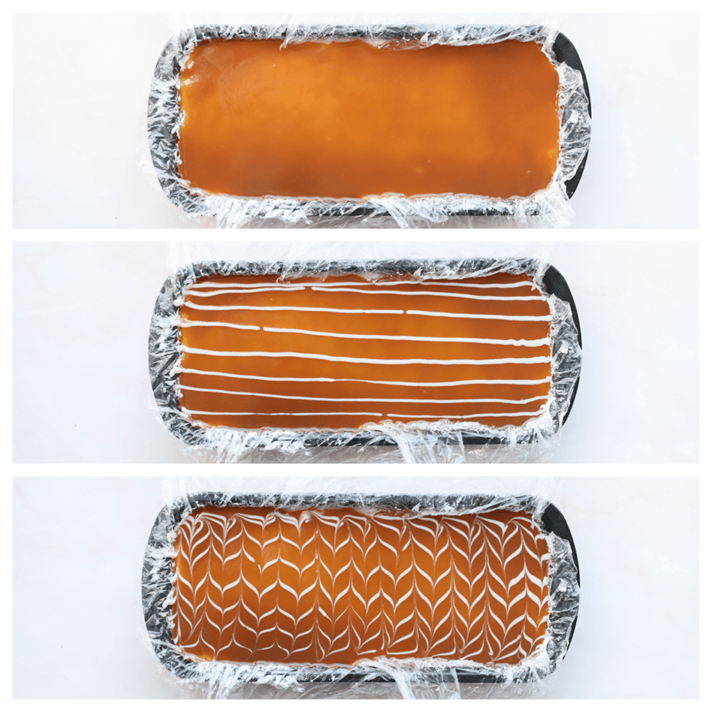 Laat het karamelmengsel uitvloeien over de no bake trilece cake. Spuit er lijntjes op van witte chocolade ganache. Ga er met een tandenstoker/sateprikker langs om er een leuke patroon uit te halen. Snijd de cake in stukken en geniet ervan!