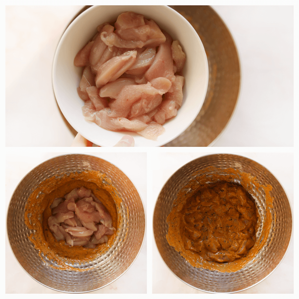 Was en snijd de kip in stukken. Voeg de kip toe aan de saus en leg, afgedekt, 30 minuten in de koelkast.