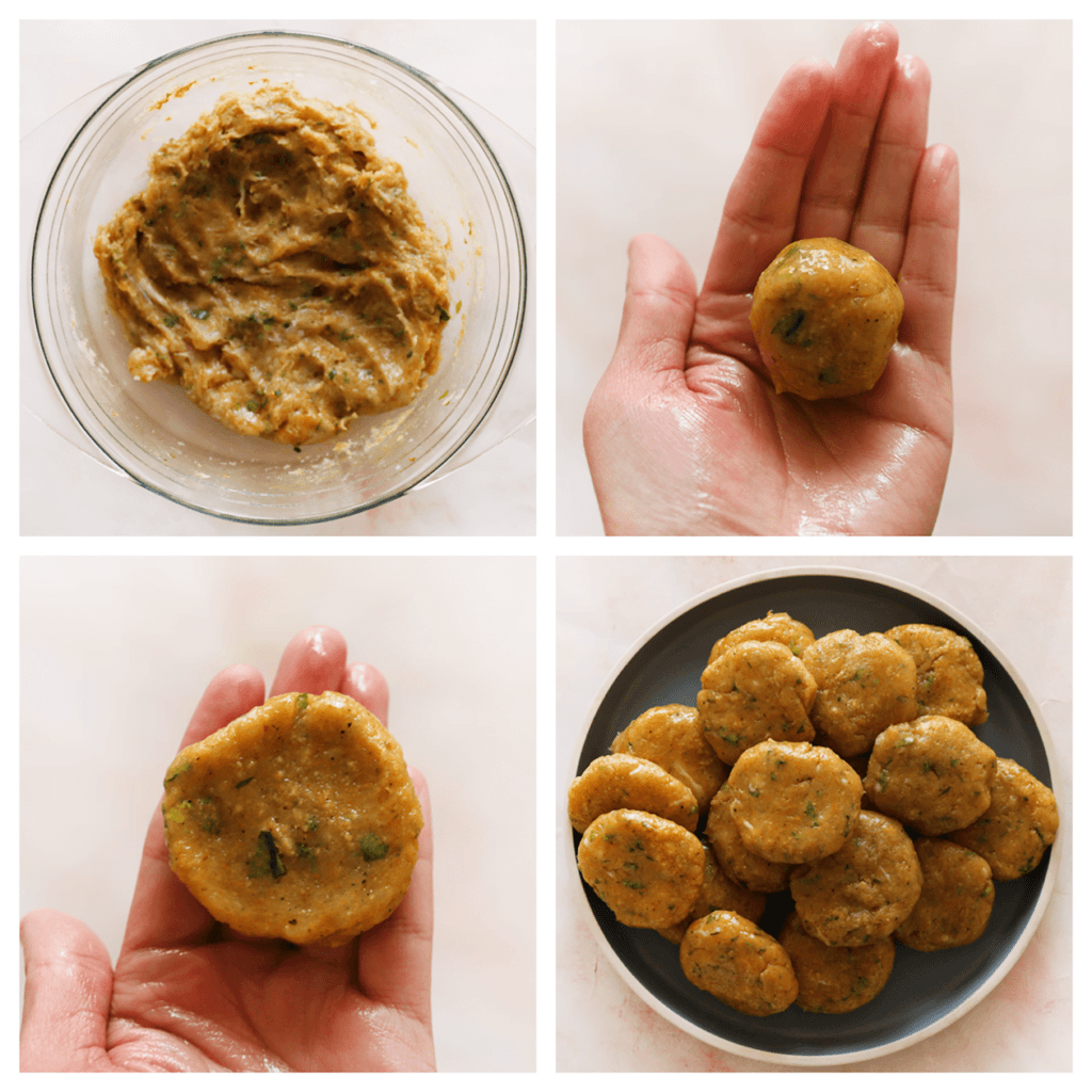 Neem wat van het kipgehakt. Vorm tot een bol van en druk deze ietsjes plat. Herhaal de werkwijze.