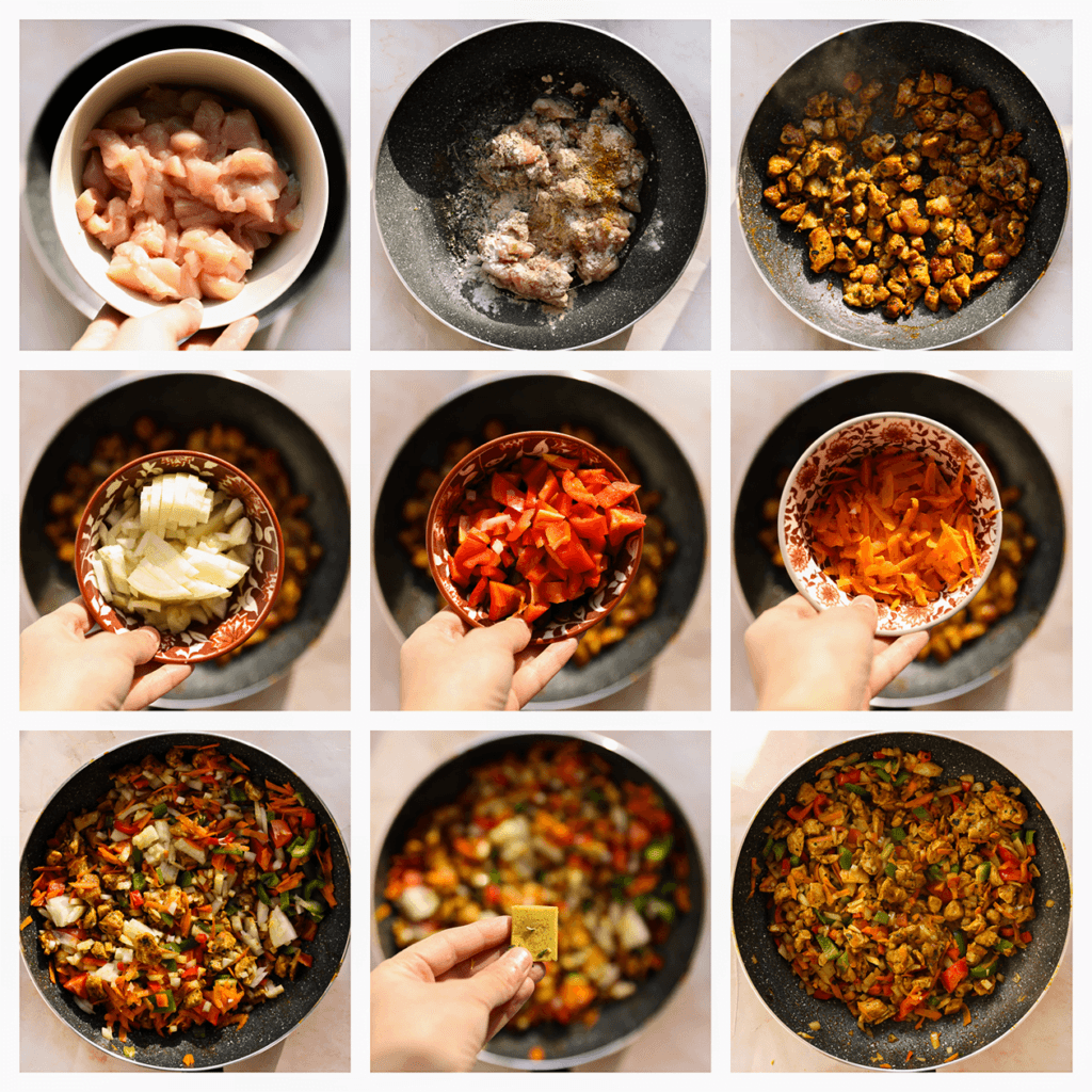 Was en snijd de kipfilet in blokjes. Verhit de olijfolie in een koekenpan op middelhoog vuur. Voeg de kip, ras el hanout, komijnpoeder, cayennepeper, knoflookpoeder, uienpoeder, paprikapoeder en gedroogde peterselie toe. Bak 5 minuten. Voeg de gele ui, rode paprika, groene paprika en wortel toe. Roerbak 3 minuten. Verkruimel het kippenbouillonblokje boven de pan en meng goed.