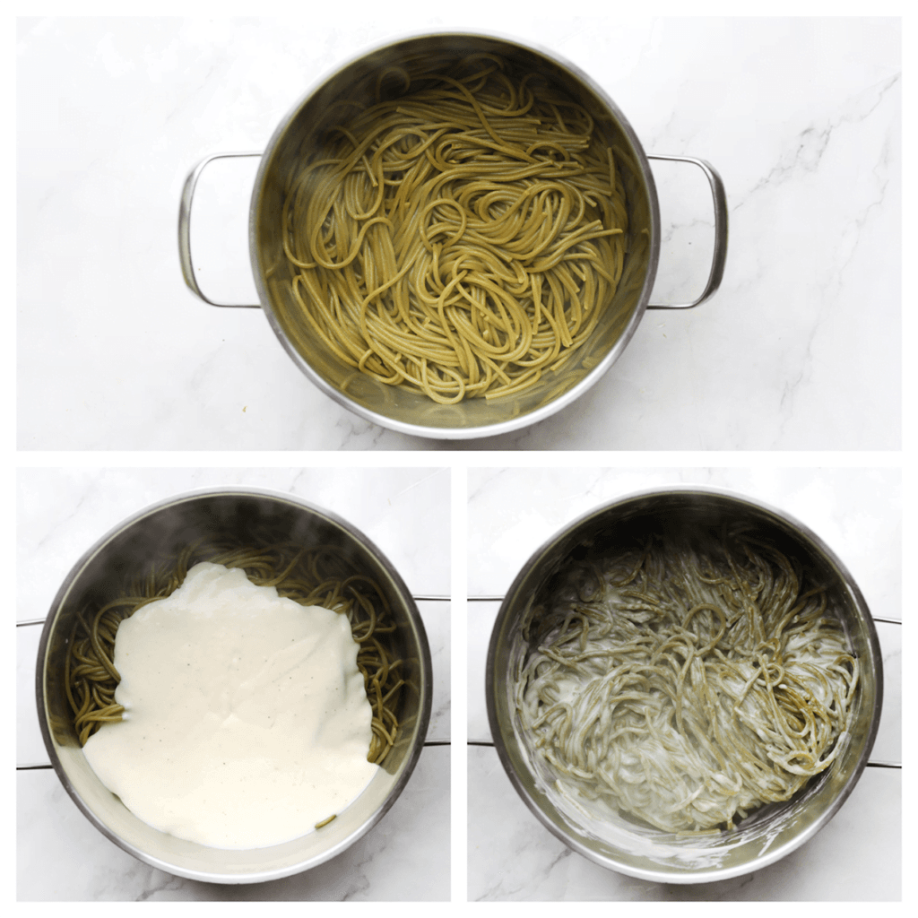 Verdeel de bechamelsaus over de Knorr spaghetti spinazie. Meng goed.