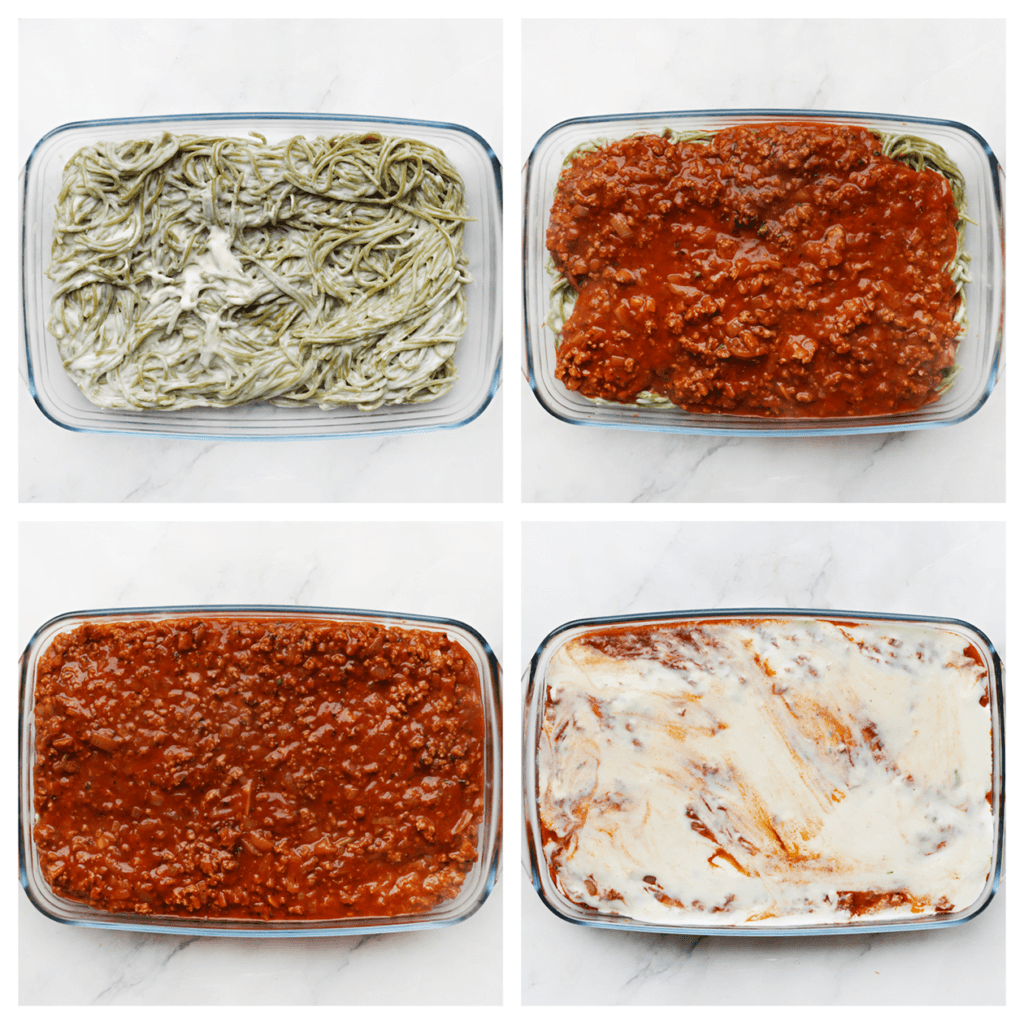 Schep de Knorr spaghetti spinaziemengsel over een ovenschaal, met daarover het gehaktmengsel en bechamelsaus. 