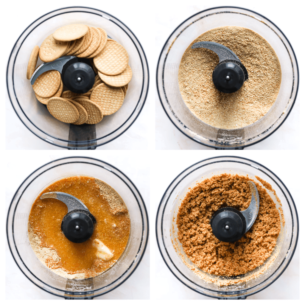 Doe de maria biscuit in een hakmolen en maal deze fijn. Voeg de gesmolten roomboter toe en meng goed.