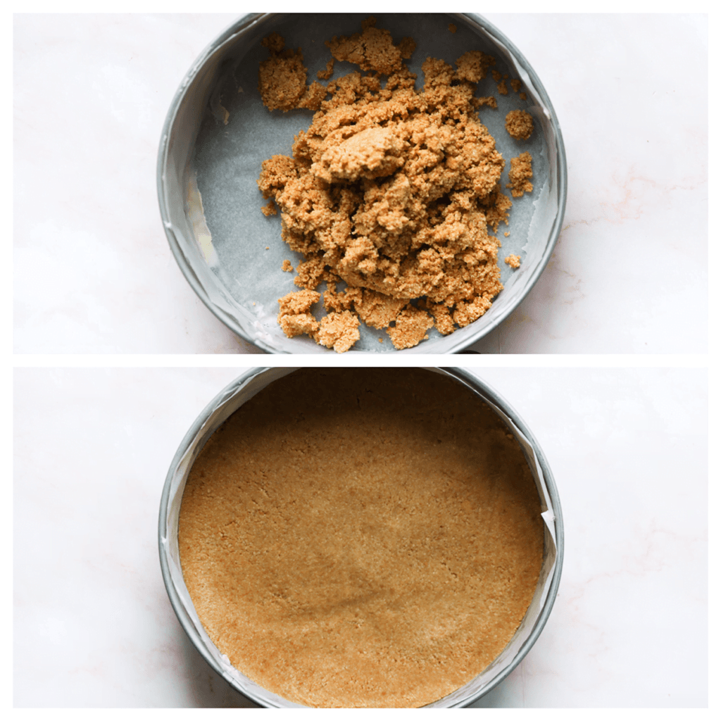 Verdeel het koekjesdeeg over de bakvorm met bakpapier. Druk deze goed tegen de bodem aan (gebruik als hulpmiddel de onderkant van een lepel). Leg even in de koelkast.