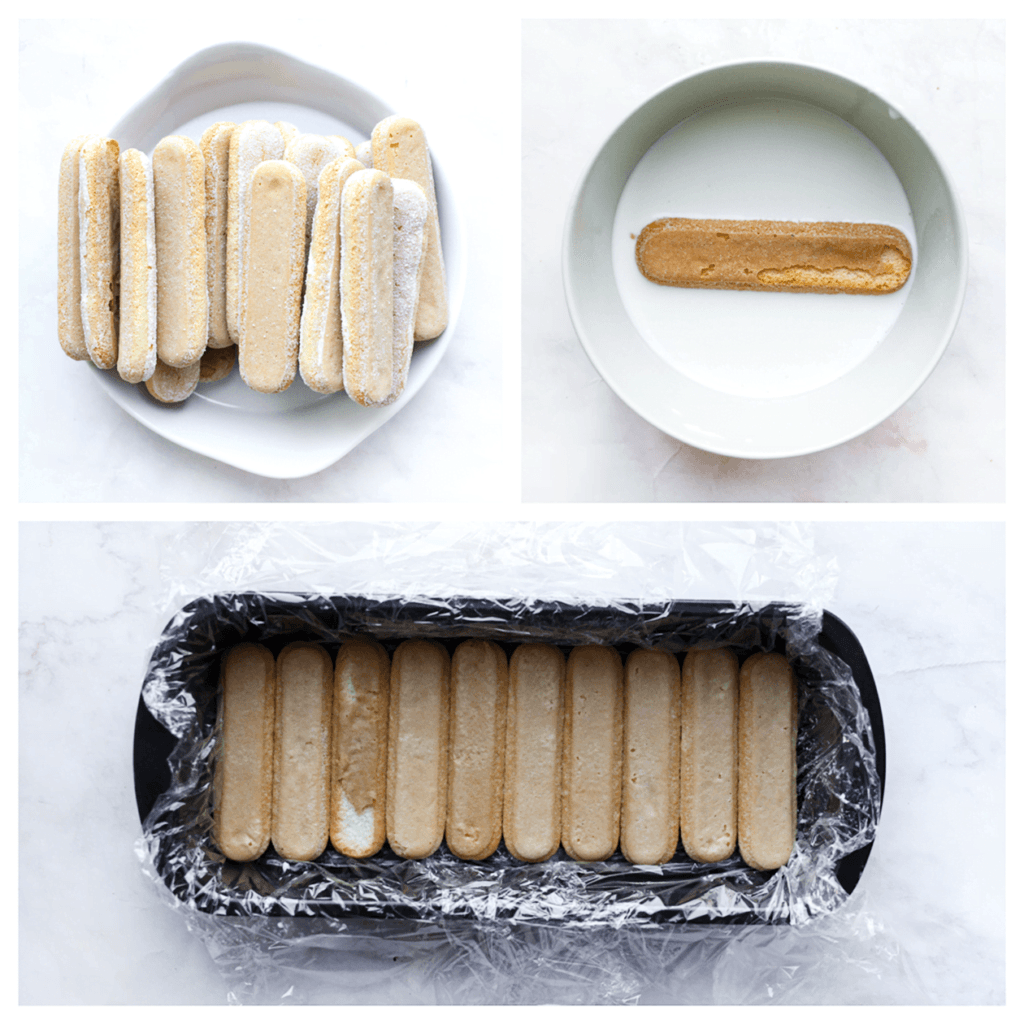 Bedek de bakvorm met een vel huishoudfolie. Doe de melk in een kom en haal de lange vingers één voor één erdoorheen. Verdeel deze meteen over de bodem van de bakvorm.