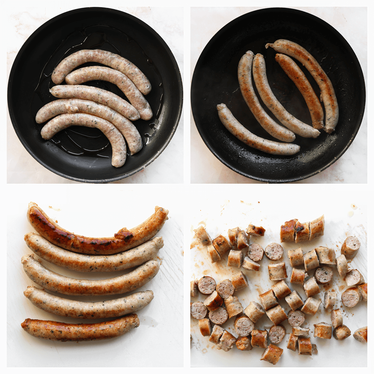 Merguez gaar bakken en in stukken snijden