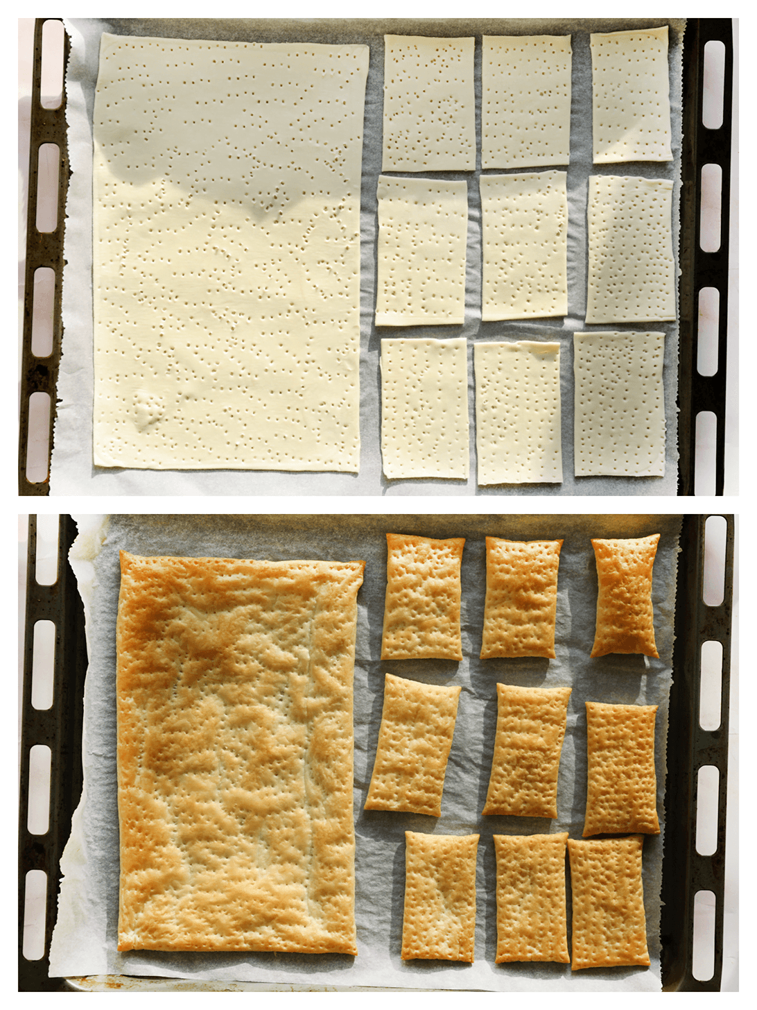 Met een vork in het bladerdeeg prikken en goudbruin bakken in de oven