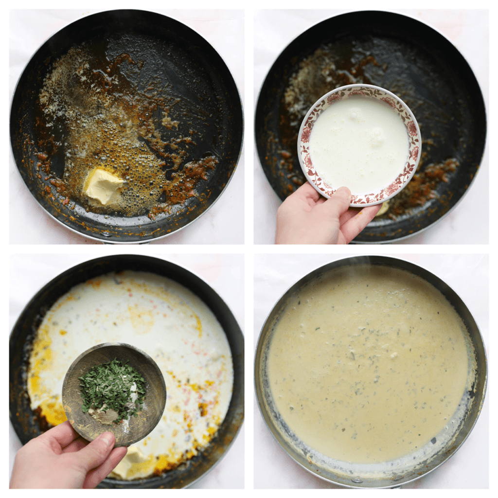 Verhit in dezelfde koekenpan de overige roomboter. Voeg de ongeklopte slagroom, knoflookpoeder, uienpoeder en gedroogde peterselie toe. Meng goed. Kook tot de saus goed is ingedikt.