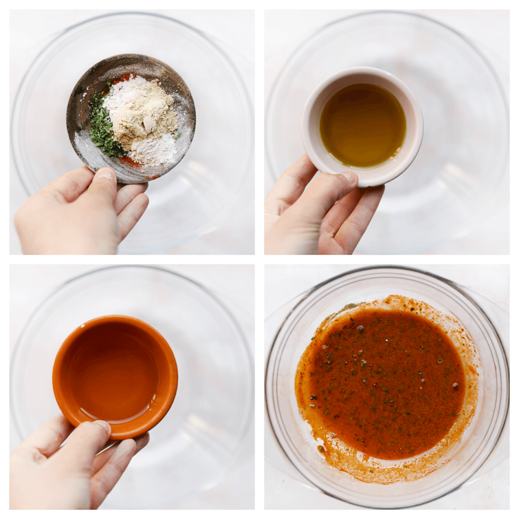 Doe de knoflookpoeder, cayennepeper, gedroogde peterselie, uienpoeder, olijfolie en het water in een diepe kom. Meng goed.