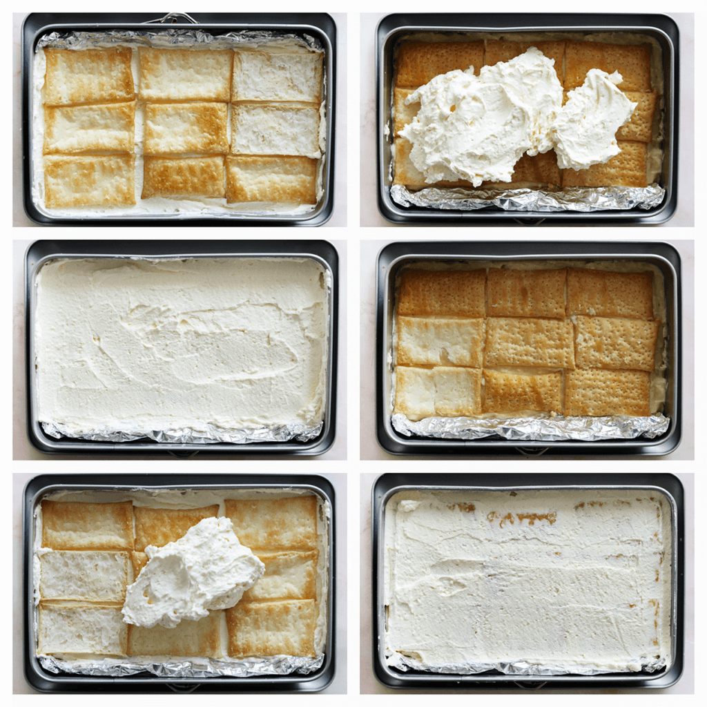 Verdeel de stukken bladerdeeg over de gele room. Voeg de slagroom toe en smeer goed uit. Verdeel het bladerdeeg erover en top het af met een laag slagroom (leg een beetje slagroom apart voor de toefjes, doe deze in een spuitzak met spuitmondje). Zet, afgedekt, in de koelkast om op te stijven. Het liefst een nachtje.