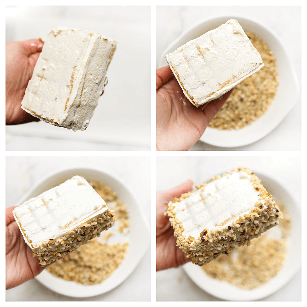 Slagroomgebakjes garneren met nougatine of gehakte hazelnoten