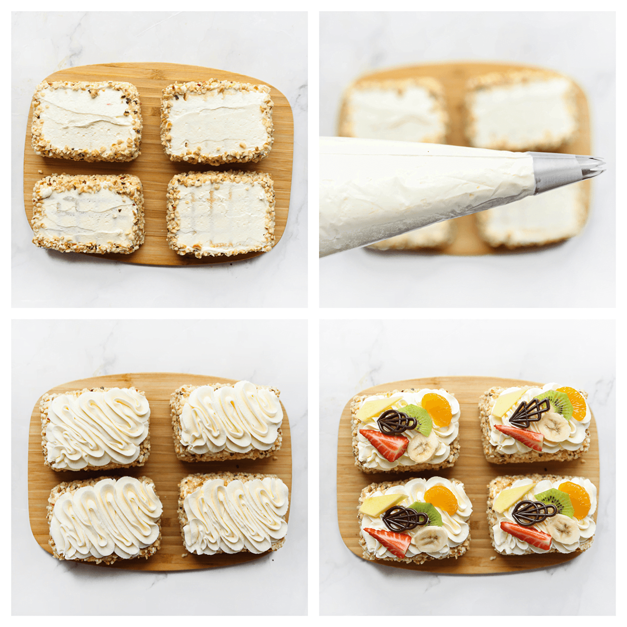 Slagroomgebakjes garneren met room en fruit