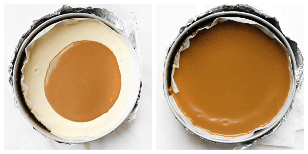 Giet de speculoospasta bovenop de cheesecake. Leg de speculooscheesecake, afgedekt, 30-45 minuten in de koelkast of tot de speculoospasta stevig is.