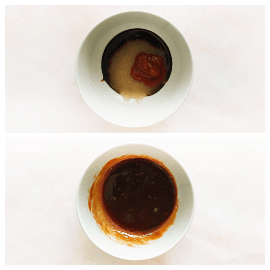 Doe de honing samen met de ketjap manis en ketchup in een kom. Meng goed.