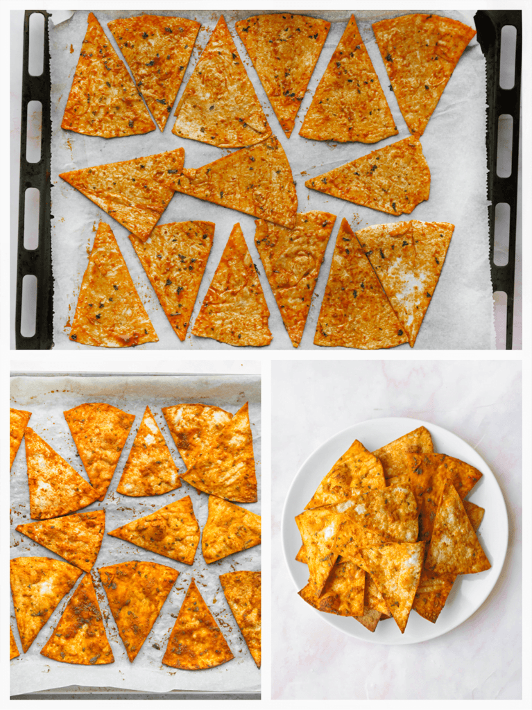 Leg de tortilla wraps over een bakplaat met bakpapier. Zet in een voorverwarmde oven op 200 ℃. Bak 5-10 minuten. Houd de baktijd zelf in de gaten, want het kan heel snel gaan.