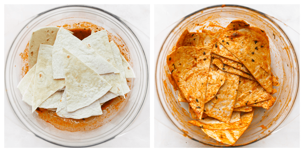 Voeg de stukken tortilla wraps toe en meng goed met de saus.