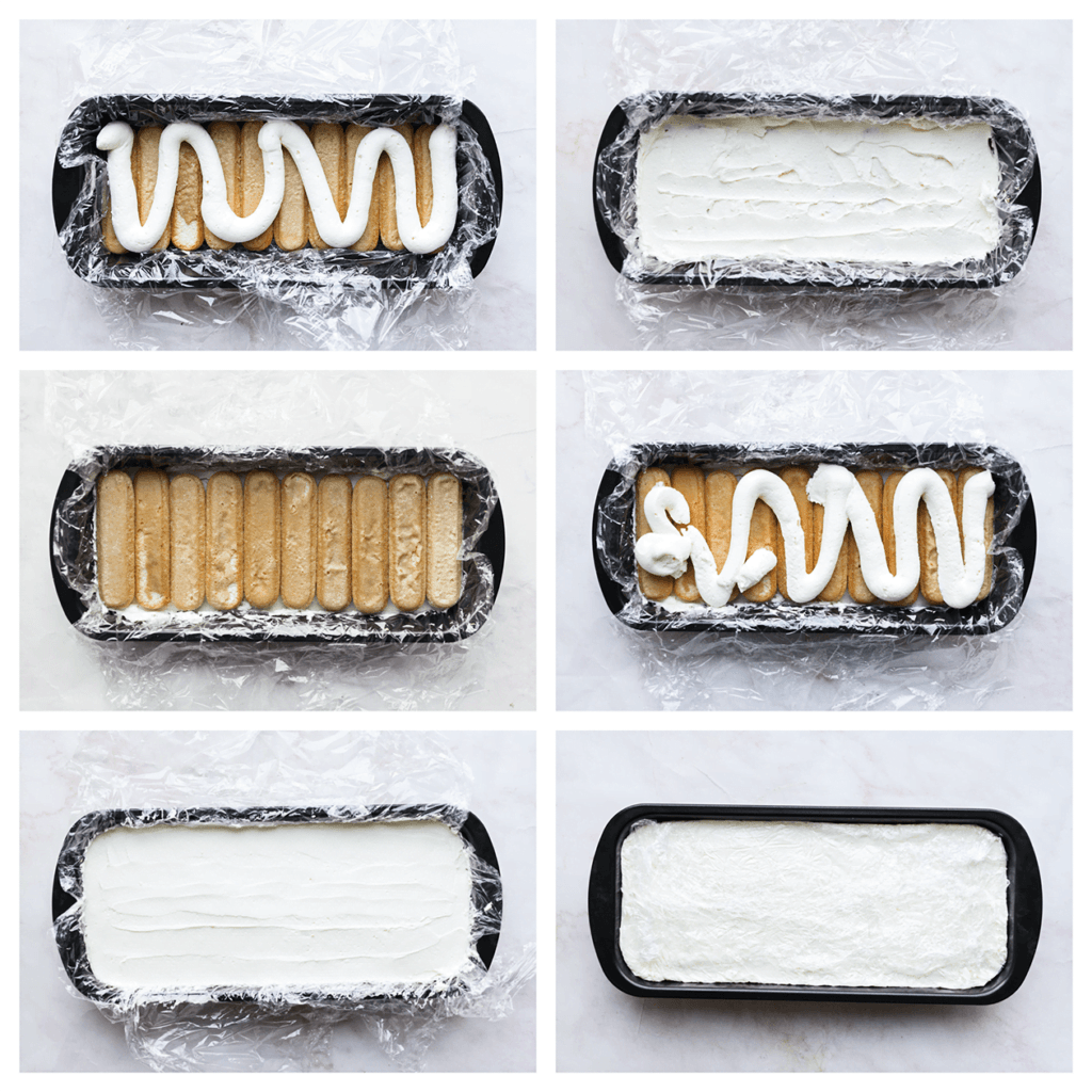 Spuit er wat room op en smeer deze gelijkmatig uit. Herhaal nogmaals met lange vingers en room. Maak goed dicht met de huishoudfolie dat uitstak en leg deze in de koelkast. Laat 4-5 uur opstijven, het liefst een nachtje zodat de smaken goed in zullen trekken.