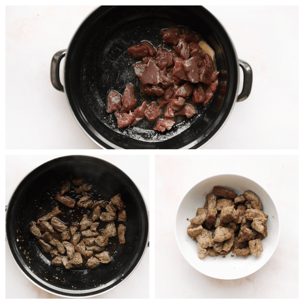 Snijd het vlees in blokjes. Verhit de roomboter in een pan op middelhoog vuur. Voeg het vlees toe en bak mooi goudbruin. Schep het vlees uit de pan.