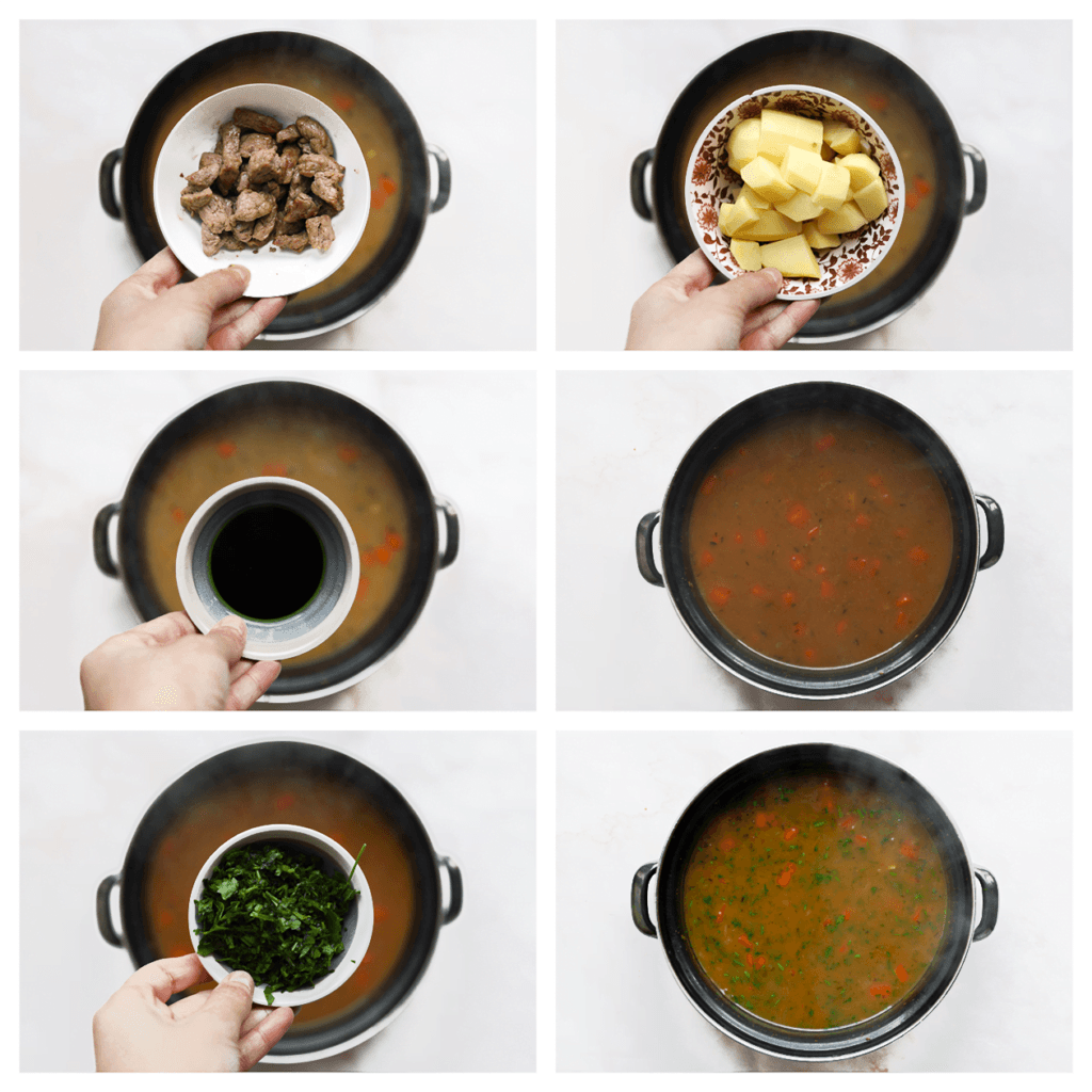 Voeg het vleees, de aardappels en ketjap manis toe. Meng goed en kook, afgedekt, 20 minuten. Voeg de peterselie toe en kook 5 minuten.