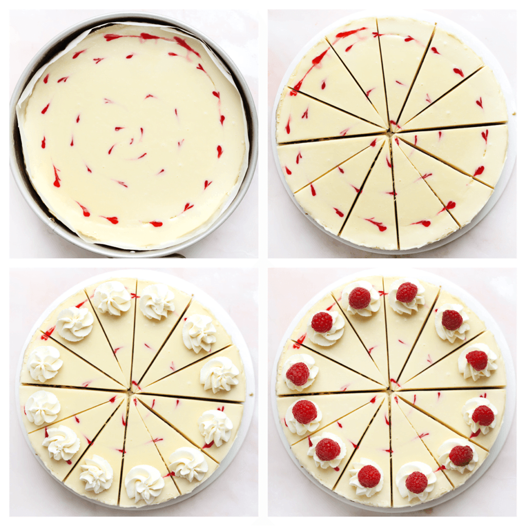 Snijd de cheesecake in mooie stukken en garneer met room en frambozen (ik heb mijn eigen room hiervoor gemaakt).
