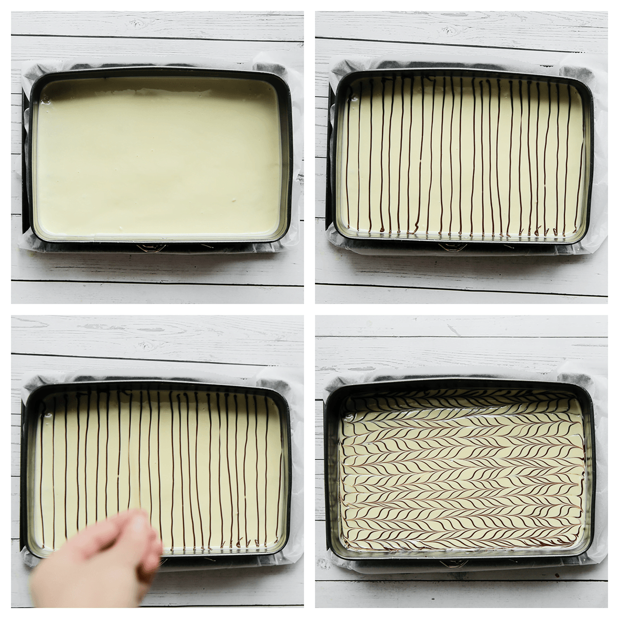 Witte chocolade verdelen over de brownie-nutella laag met daarover lijntjes van melkchocolade