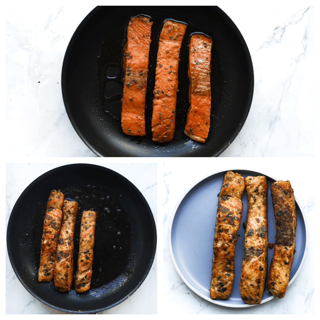 Verhit de koekenpan op niet al te hoog vuur. Voeg de zalm toe en bak gaar of tot de zalm mooi roze kleurt.