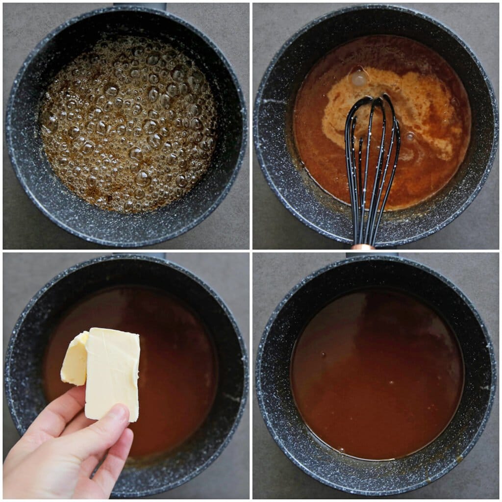 Breng het water samen met de suiker in een steelpan aan de kook op middelhoog vuur. Wanneer de suiker volledig is opgelost, zet je het vuur hoog. Kook 4 minuten of tot het suikermengsel lichtbruin is gekleurd. Haal de pan van het vuur. Voeg al roerend de ongeklopte slagroom en roomboter toe. Meng tot een geheel. Laat de karamel op kamertemperatuur komen.