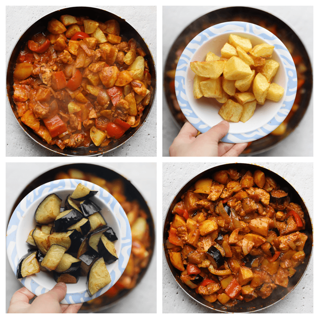 Voeg de aardappelen en aubergine toe aan het kipmengsel. Meng goed.