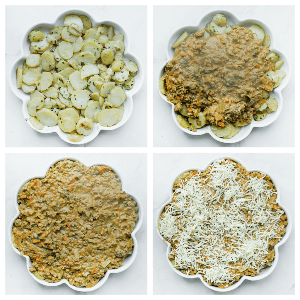 Verdeel de aardappelschijfjes over een bakvorm met daarover het gehaktmengsel en strooi er geraspte kaas over.