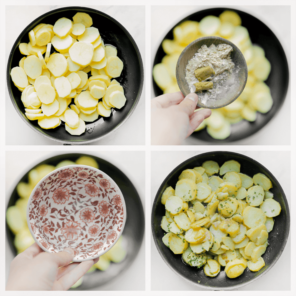 Verhit de olijfolie in een koekenpan op middelhoog vuur. Voeg de aardappelschijfjes, knoflookpoeder, uienpoeder en zwarte peper toe. Verkruimel het runderbouillonblokje boven de koekenpan en voeg het water toe. Kook, afgedekt, 20-25 minuten. Roer tussendoor wel. Voeg de gedroogde bieslook toe en meng goed.