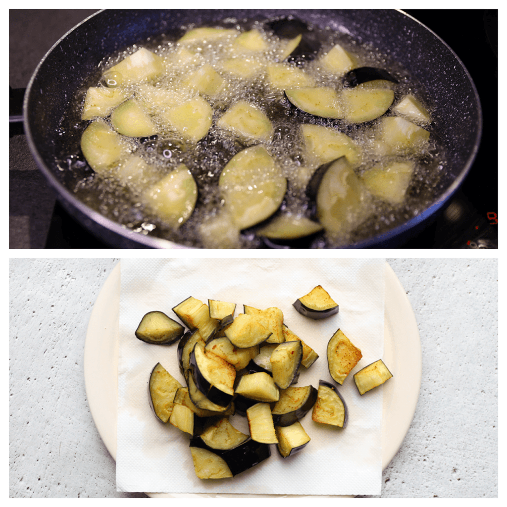 Voeg de stukjes aubergine toe en bak gedurende 5-7 minuten. Draai ze ook halverwege de baktijd om, zodat ze aan alle kanten gelijkmatig worden gebakken. Schep de aubergine uit de pan en laat ze uitlekken op een vel keukenpapier.