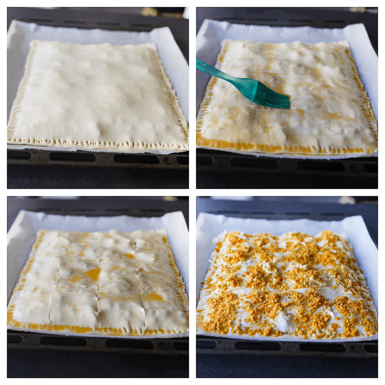 Bladerdeeg in stukken snijden en garneren met doritos en kaas