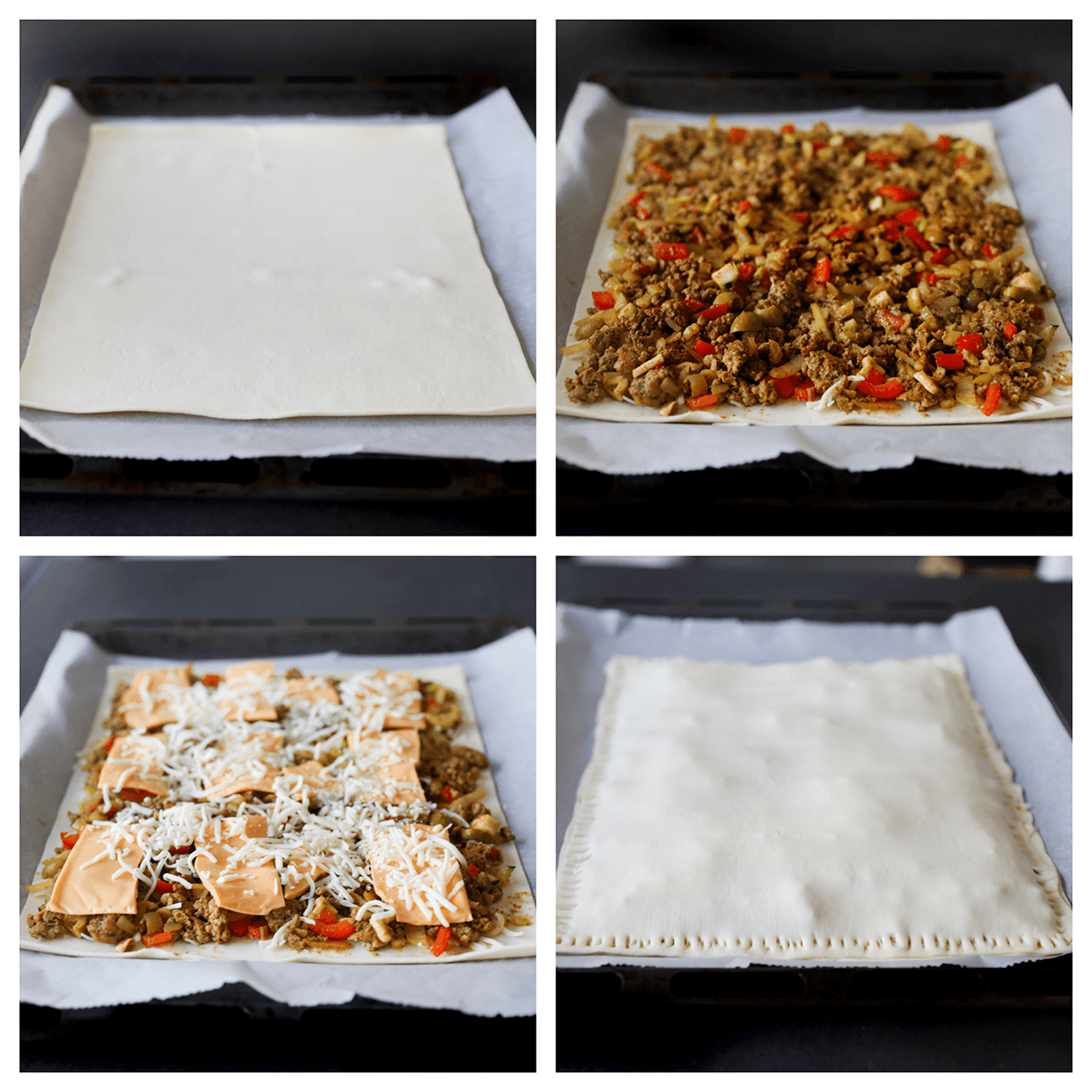 Bladerdeeg vullen met het gehaktmengsel en kaas