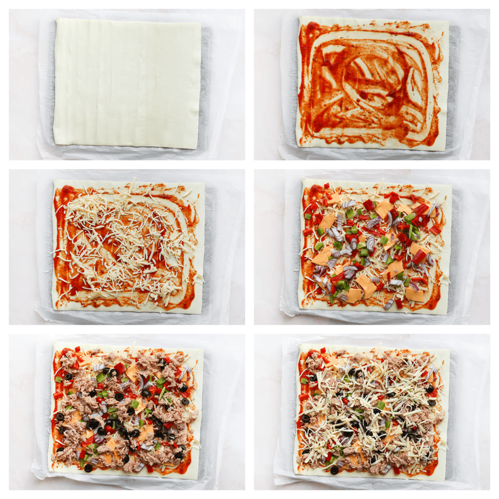 Neem het bladerdeeg en rol deze uit op een vel bakpapier. Verdeel er een laagje tomatensaus over. Strooi er wat kaas en groenten (rode ui, olijven, paprika) op. Verdeel de tonijn erover en strooi er weer wat kaas op.