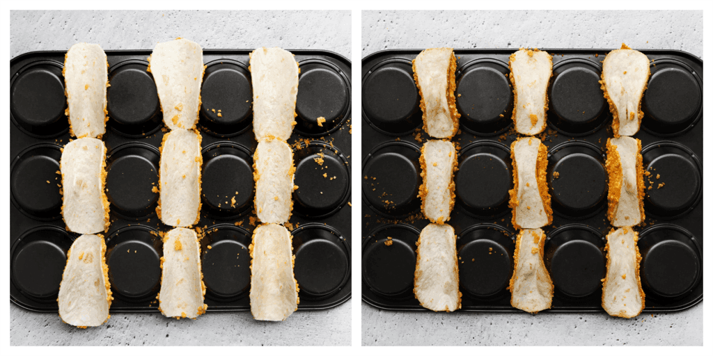 Leg de taco’s naast elkaar in een muffinbakvorm. Zet de Bugles-taco's in een voorverwarmde oven op 200°C. Bak ze 5-7 minuten. Houd de oven goed in de gaten, want elke oven werkt anders. Laat de taco’s afkoelen in de muffinbakvorm zodat ze hun vorm behouden.