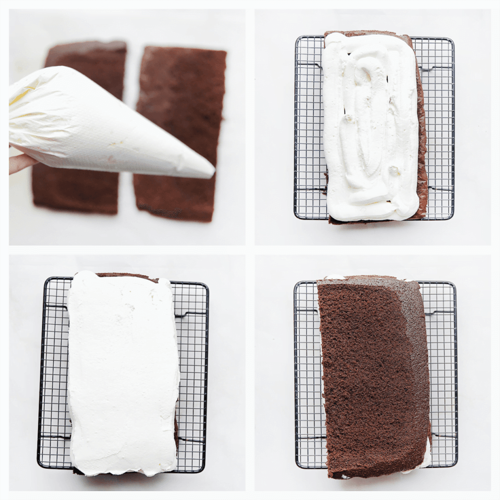 Spuit op de ene helft van de chocoladecake de room op. Smeer goed uit. Leg de andere chocoladecake erop.