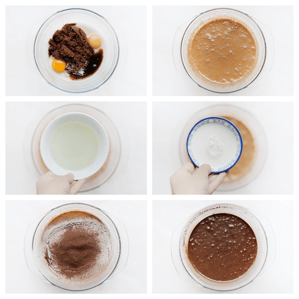 Breek de eieren boven een andere kom. Voeg de donkerbruine basterdsuiker, vanillesuiker en het zout toe. Mix tot een luchtige massa. Voeg de zonnebloemolie en melk toe. Mix 1 minuut. Zeef het cacaomengsel boven de kom. Mix tot een geheel.