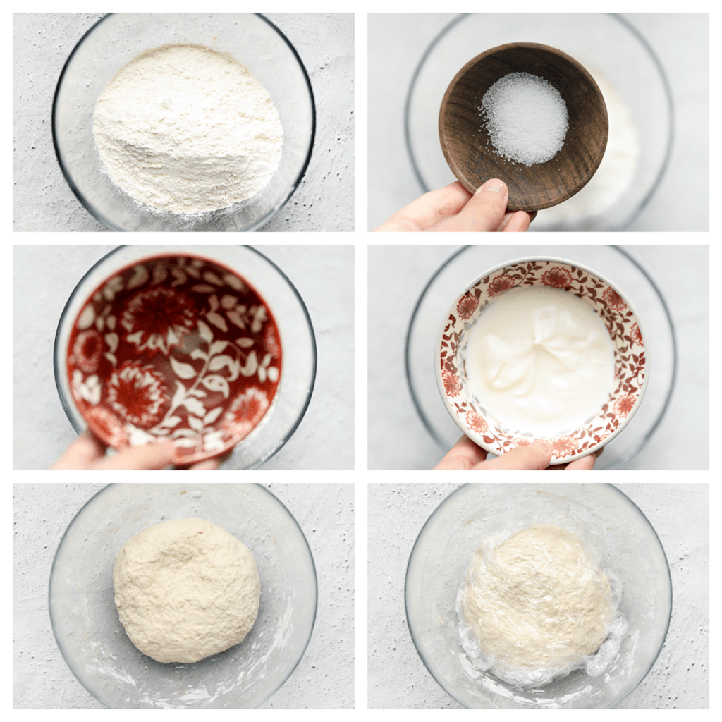 Doe de bloem, het zout, water en de yoghurt in een diep kom. Meng en kneed 10 minuten. Dek het deeg af en laat 10-20 minuten staan.