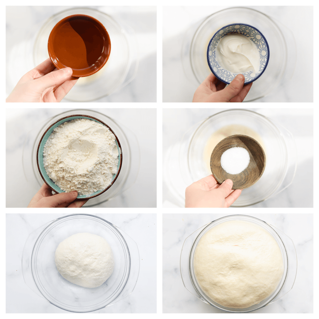 Voeg de zonnebloemolie en yoghurt toe. Meng tot een geheel. Voeg de bloem en het zout toe. Meng/kneed 10 minuten tot een geheel. Dek het deeg af en laat 1 uur rijzen op een warme plek in huis of tot deze in formaat is verdubbeld.