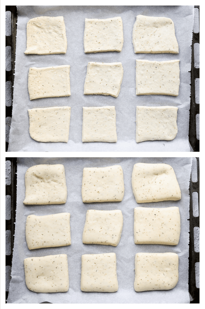 Leg het deeg op een bakplaat met bakpapier en laat het deeg 30 minuten rijzen, of totdat het in omvang is verdubbeld.