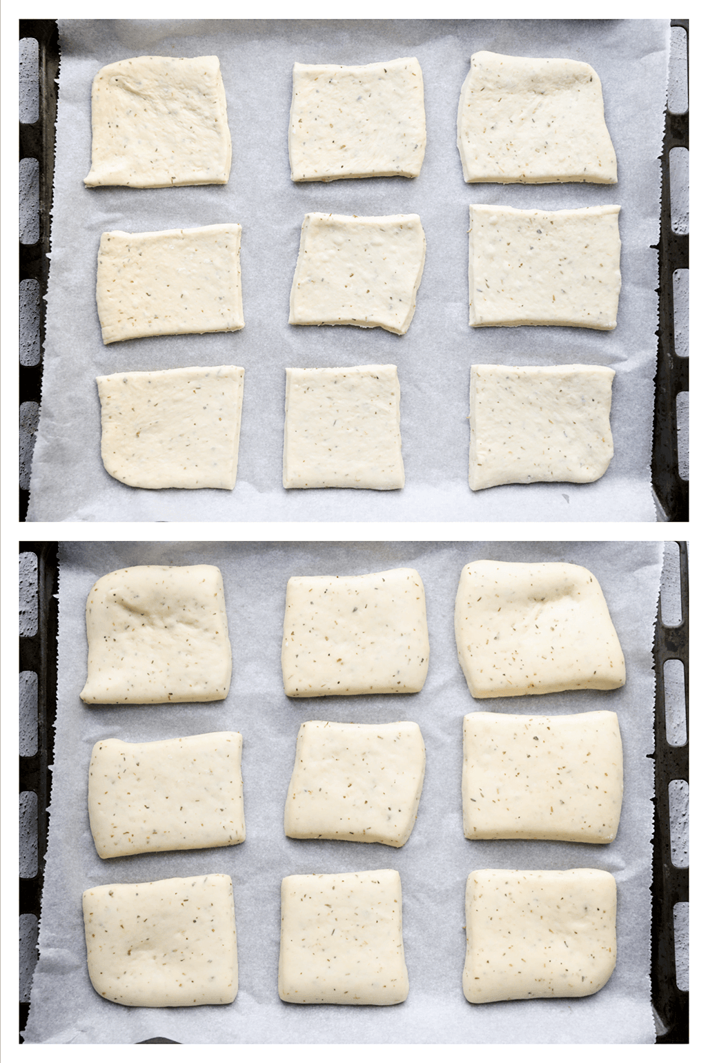 Deeg op bakplaat met bakpapier leggen en laten rijzen tot deze in formaat is verdubbeld