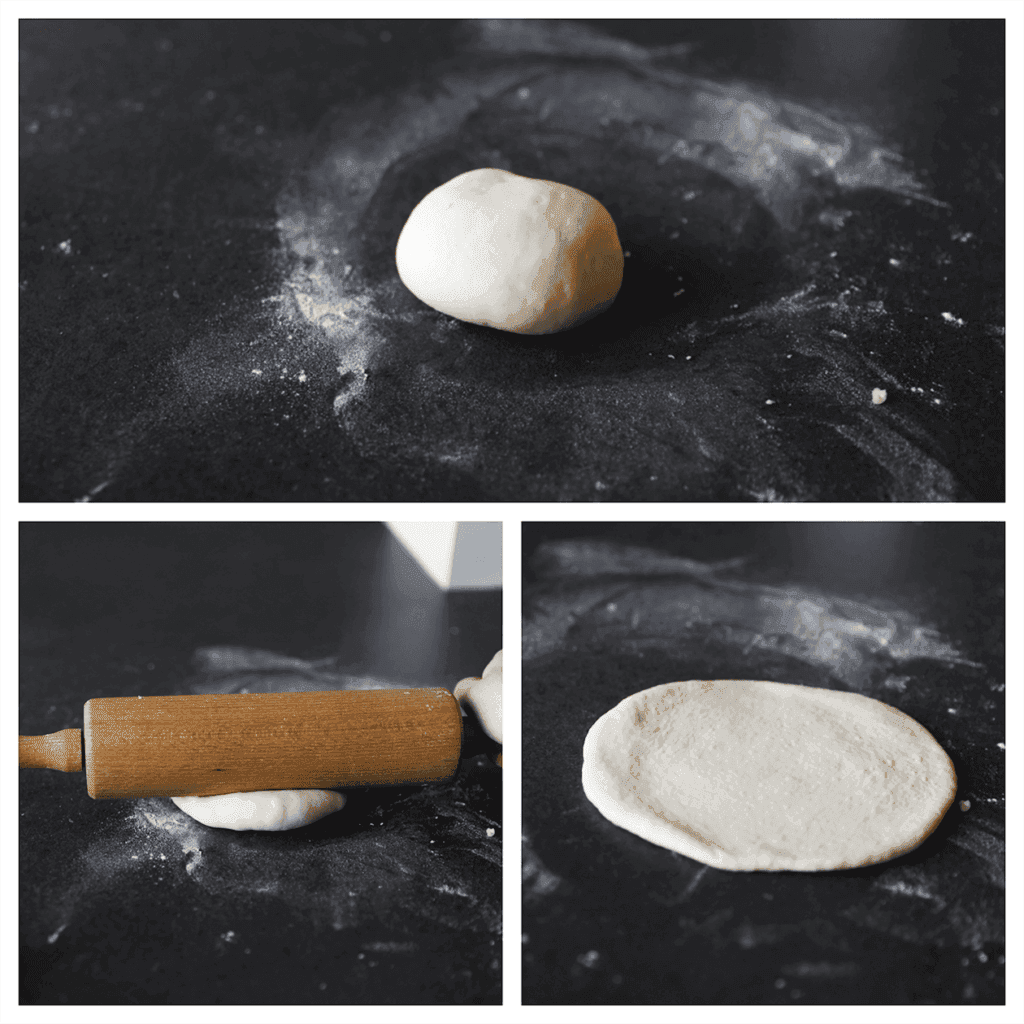 Neem een bol deeg en maak deze plat met een deegroller (16 cm).