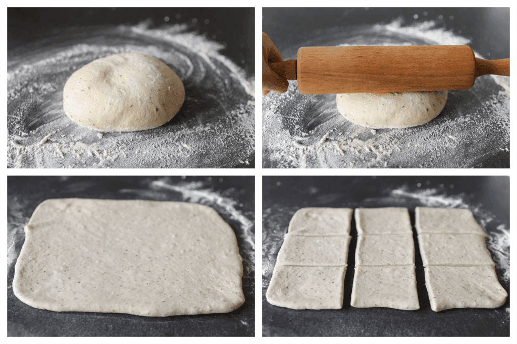 Stort het deeg op een met bloem bestoven werkblad en rol het uit tot een lap van 30x25 cm. Snijd het deeg met een pizzasnijder of mes in 9 gelijke stukken.