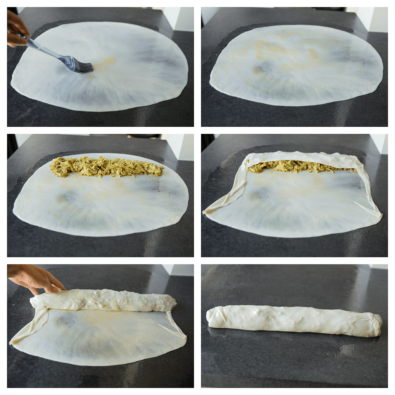 Deeg vullen met het kipmengsel en rollen tot een staaf