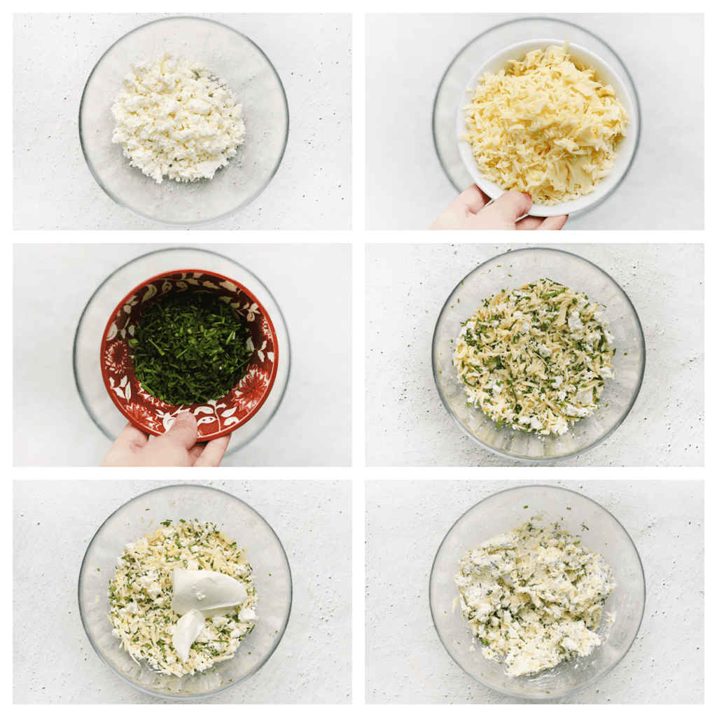 Verkruimel de feta kaas en doe deze in een kom. Voeg de geraspte kaas en bieslook toe. Meng goed. Voeg als laatst de roomkaas toe en meng tot een geheel.